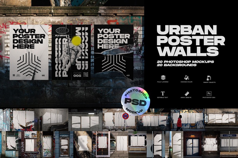 Flyerwrk 潮流4K城市竖屏海报墙模型PSD海报样机模板 Urban Poster Wall Mockups 样机素材 第1张