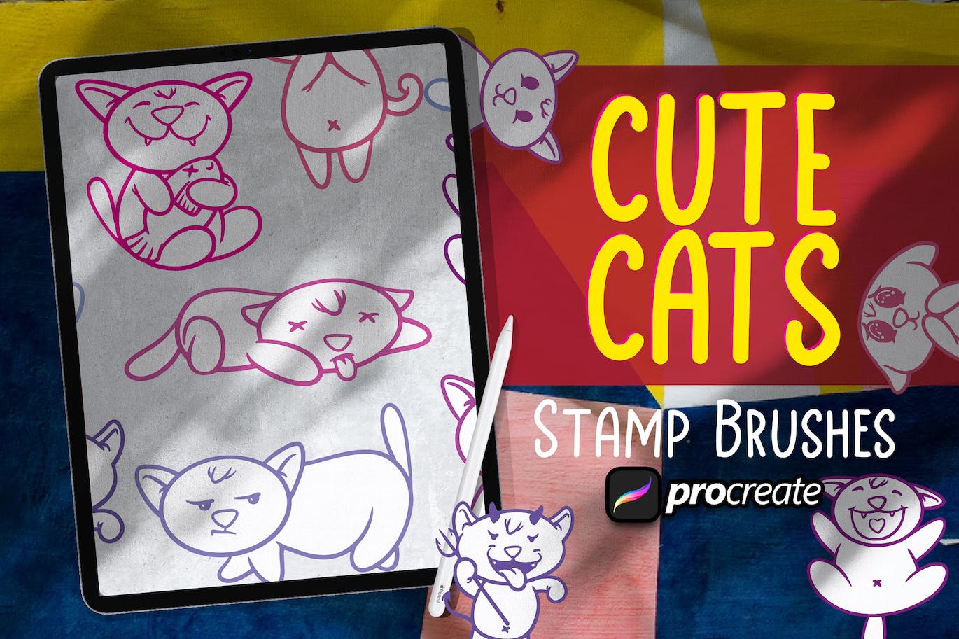 可爱猫Procreate印章绘画笔刷素材 Cute Cat brush Stamp Procreate 笔刷资源 第2张