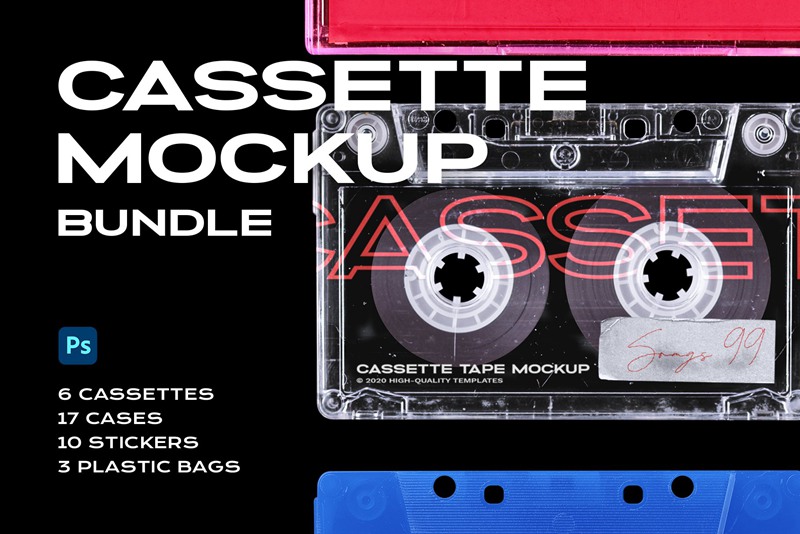 高级潮流复古盒式磁带样机捆绑塑料PSD样机模板 Cassette Tape Mockup Bundle Plastic 样机素材 第1张