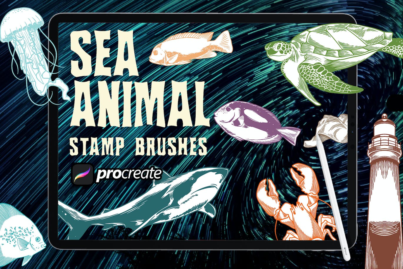 海洋动物Procreate印章绘画笔刷素材 Dansdesign Sea Animals Brush Stamp Procreate 笔刷资源 第2张