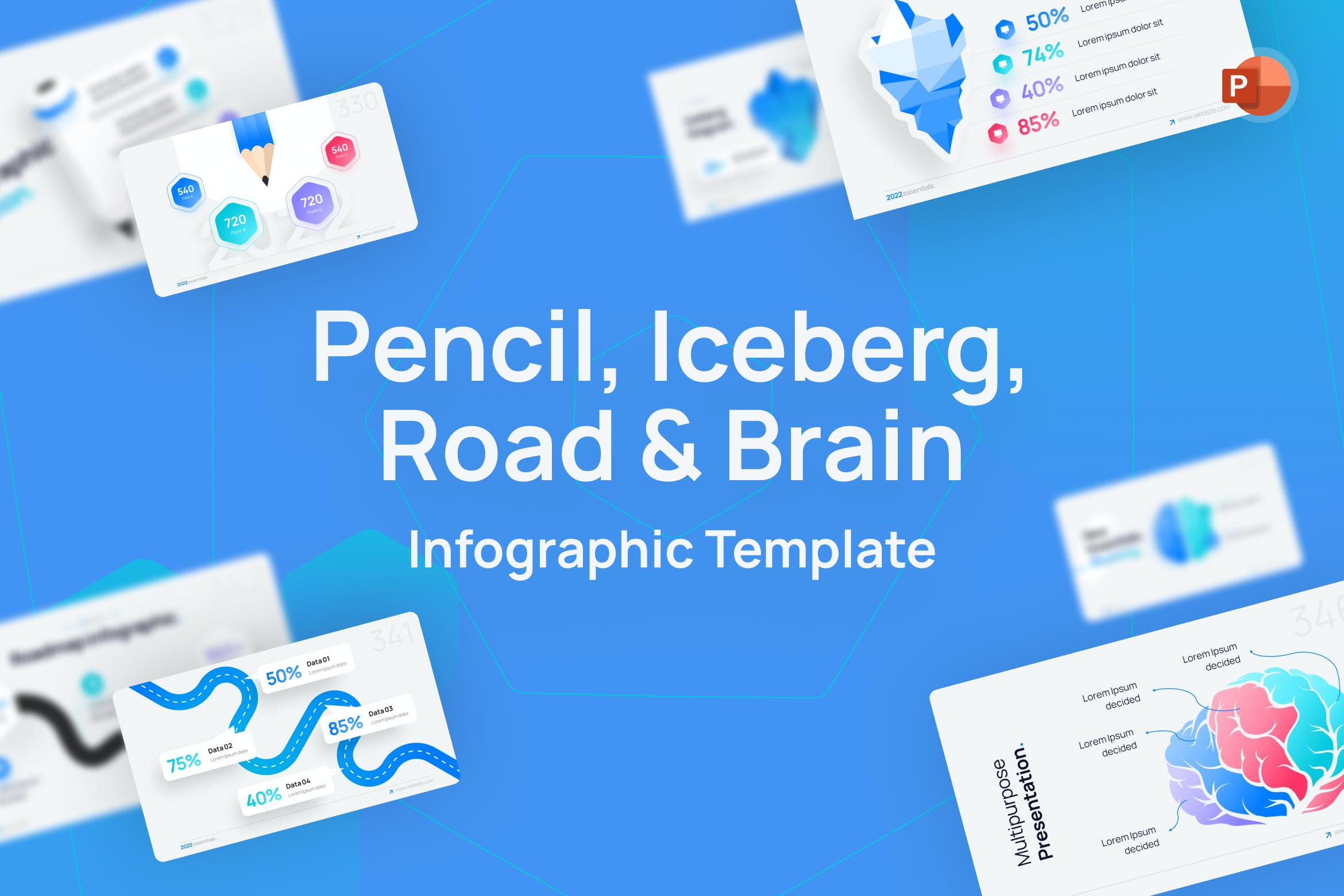 铅笔/冰山/道路和大脑图表PPT幻灯片模板下载 Pencil, Iceberg, Road & Brain PowerPoint Template 幻灯图表 第1张