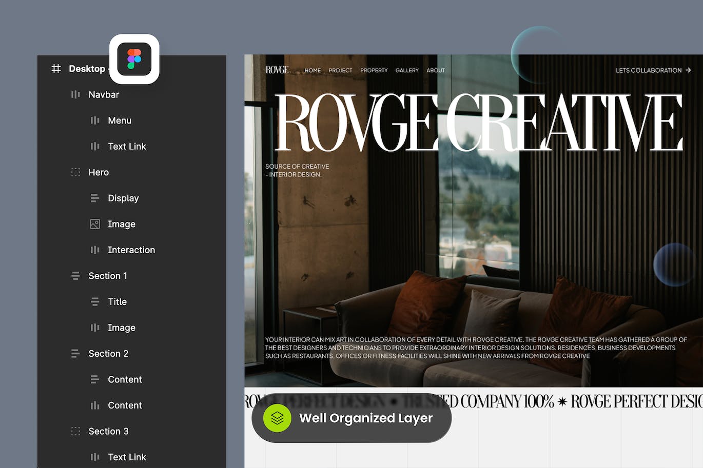 室内设计网站着陆页模板 Rovge – Interior Design Landing Page APP UI 第3张