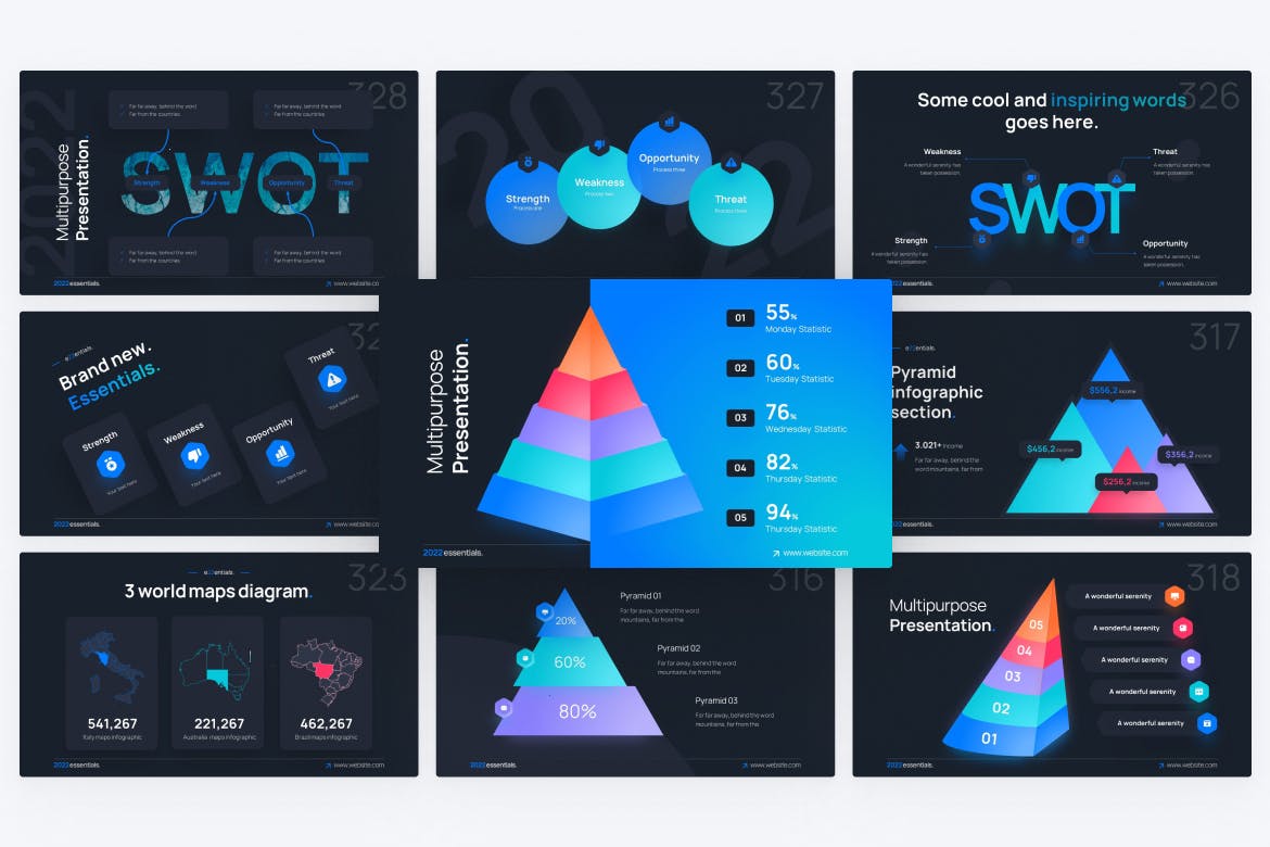 金字塔/地图和SWOT分析PPT幻灯片设计模板 Pyramid, Maps & SWOT PowerPoint Template 幻灯图表 第3张