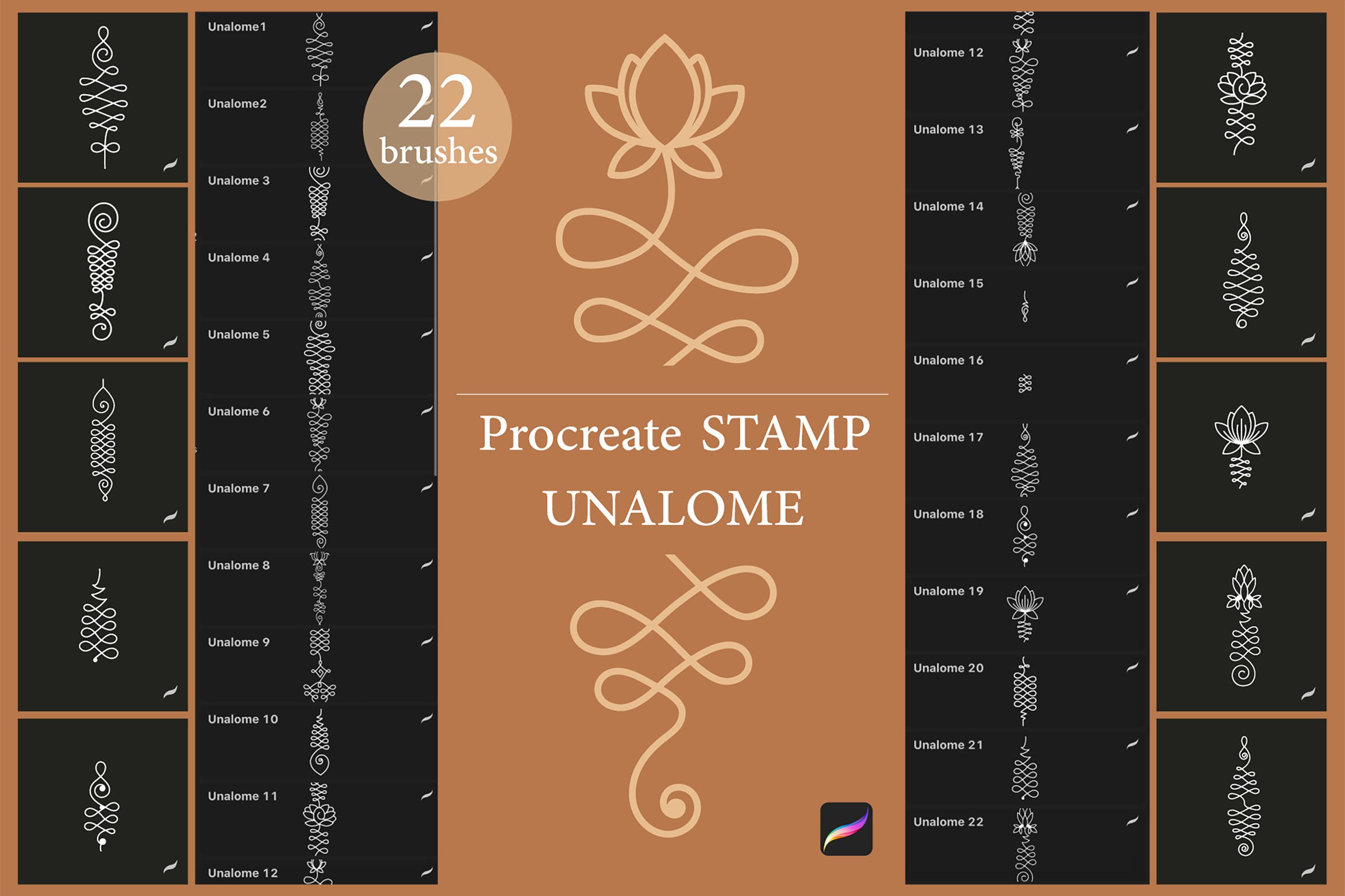 宗教符号Procreate单线印章笔刷 Procreate stamp brushes Unalome 笔刷资源 第1张