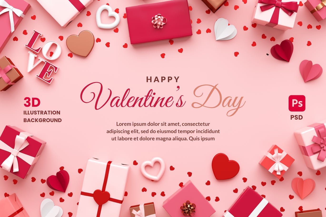 情人节礼品3D Banner背景模板 Valentines Day Banner Background with Gifts 设计素材 第1张