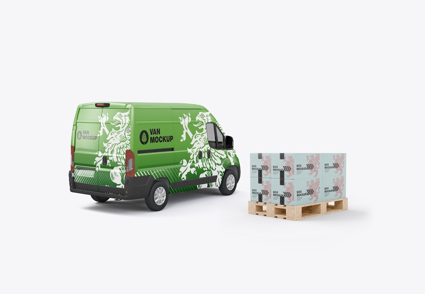 货物托盘纸箱&货车设计样机图 Set Panel Van with Pallet and Boxes Mockup 样机素材 第15张