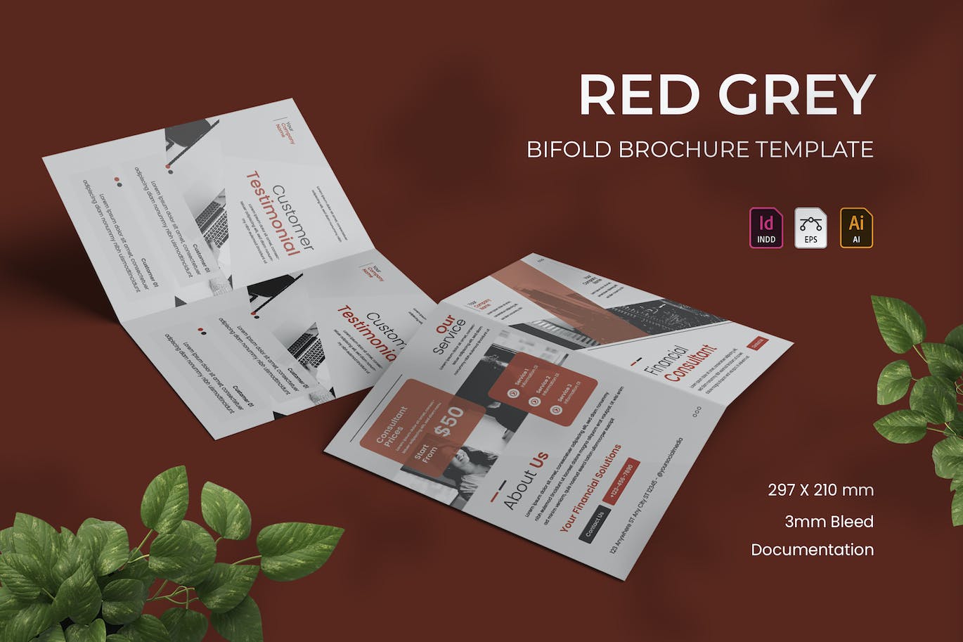 红灰色双折小册子设计模板 Red Grey – Bifold Brochure 设计素材 第1张