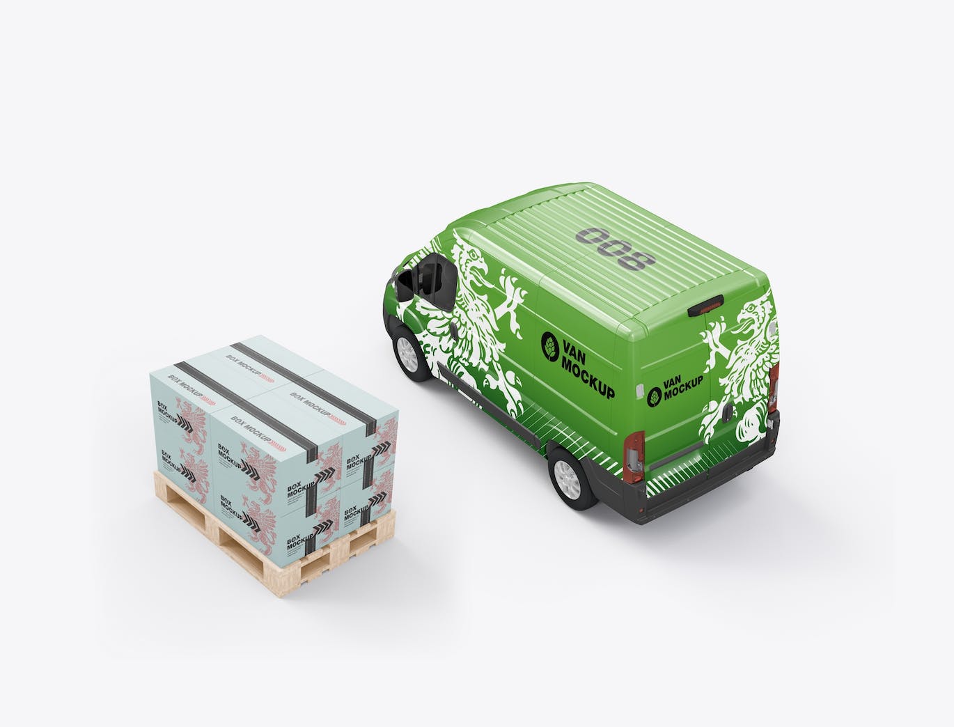 货物托盘纸箱&货车设计样机图 Set Panel Van with Pallet and Boxes Mockup 样机素材 第5张