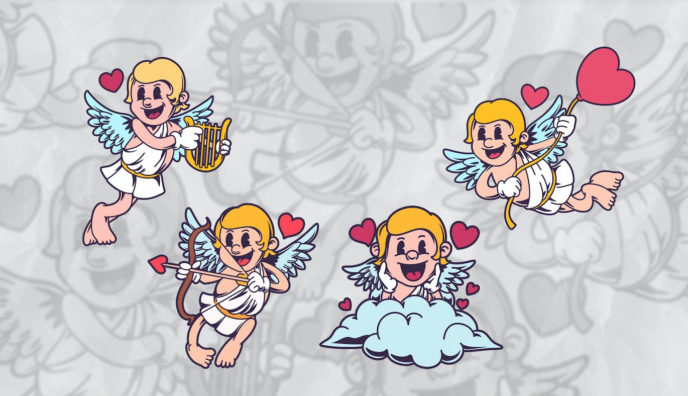 丘比特复古卡通插画集 Cupid Retro Cartoon Illustration Set 图片素材 第1张