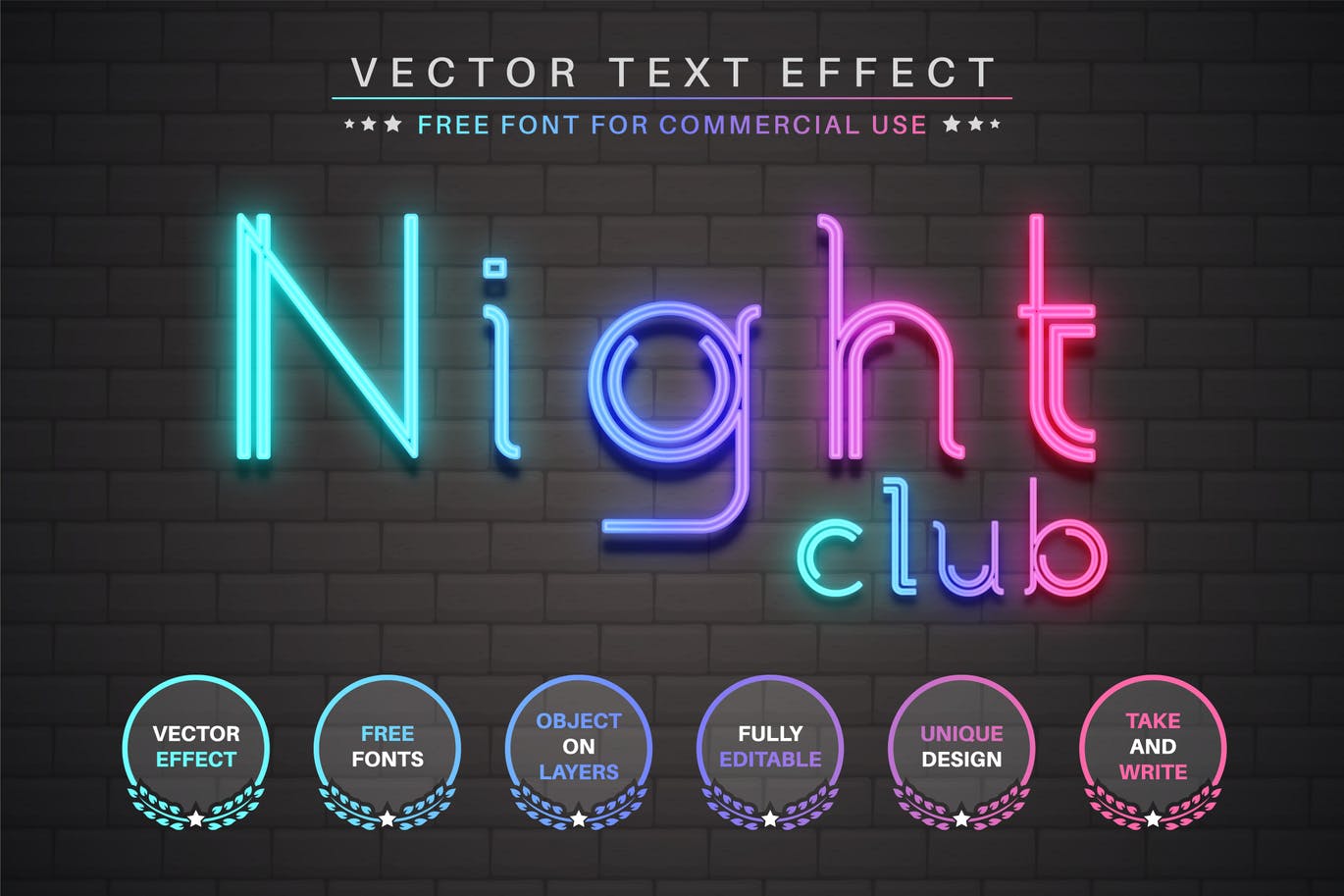 霓虹灯管矢量文字效果字体样式 Night Club – Editable Text Effect, Font Style 插件预设 第1张
