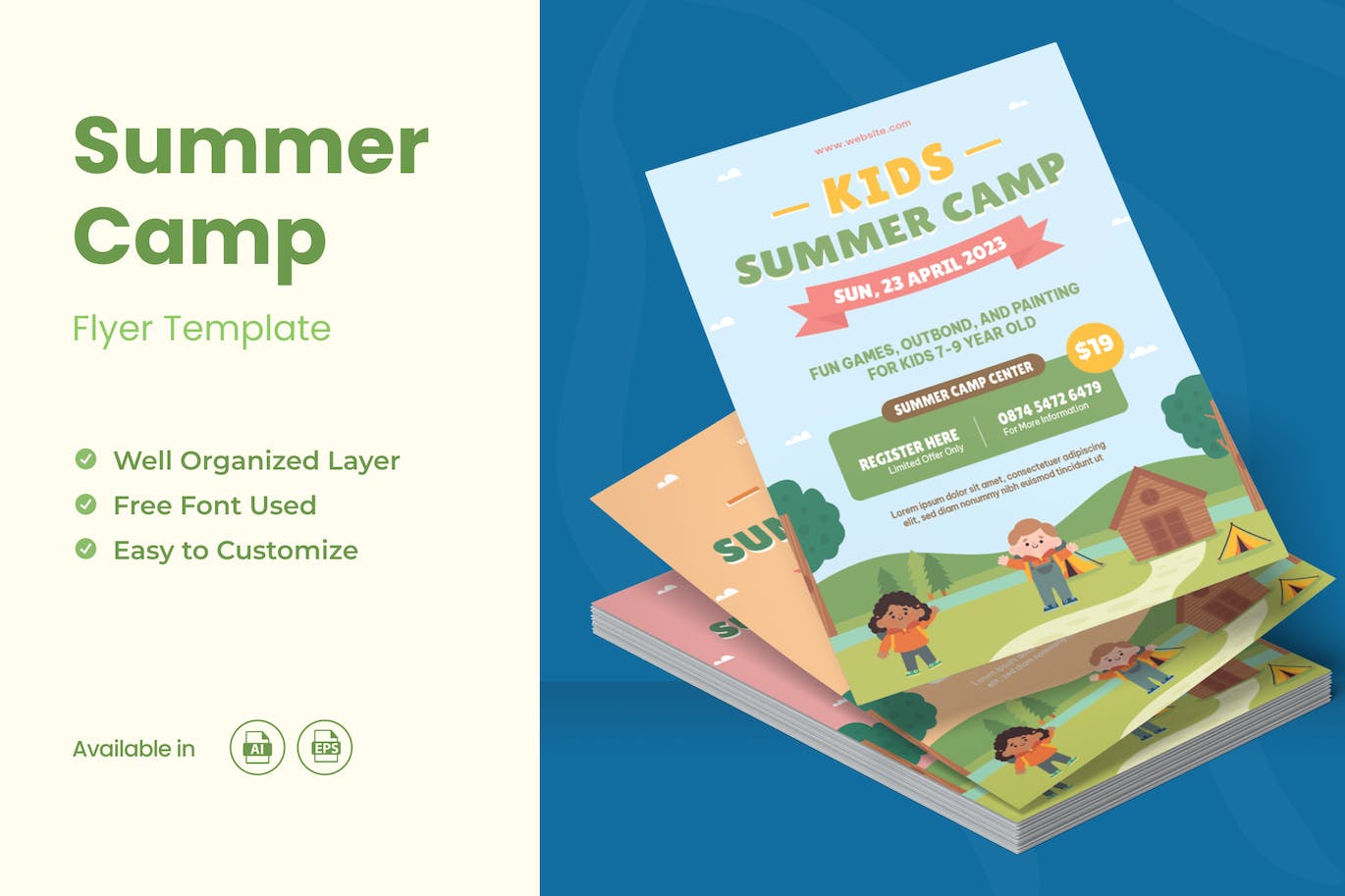 儿童夏令营海报传单Ai和EPS模板 Kids Summer Camp Flyer Ai & EPS Template 设计素材 第1张