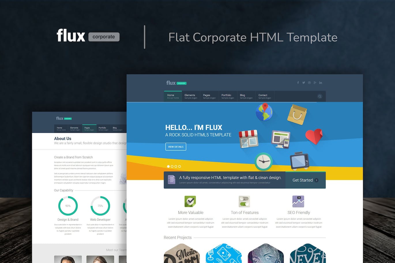扁平风格企业网站HTML模板 Flux – Flat Corporate HTML Template APP UI 第1张