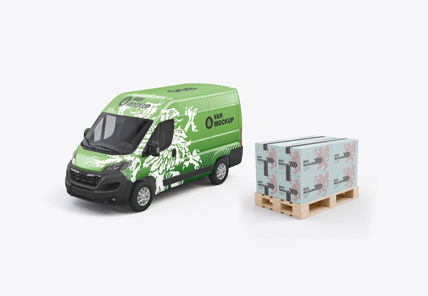 货物托盘纸箱&货车设计样机图 Set Panel Van with Pallet and Boxes Mockup 样机素材 第8张