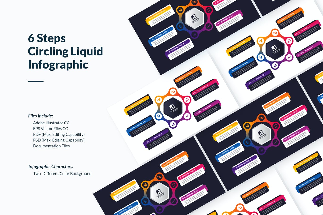 液体渐变环绕/旋转步骤信息图表模板 Liquid Circling / Rotating Infographic With 6 Step 幻灯图表 第1张