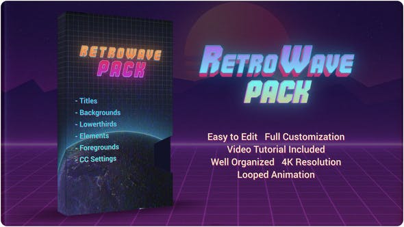90年代复古潮流标题盒式磁带霓虹灯栏目包装背景AE模板素材 Retro Wave Pack 图片素材 第1张