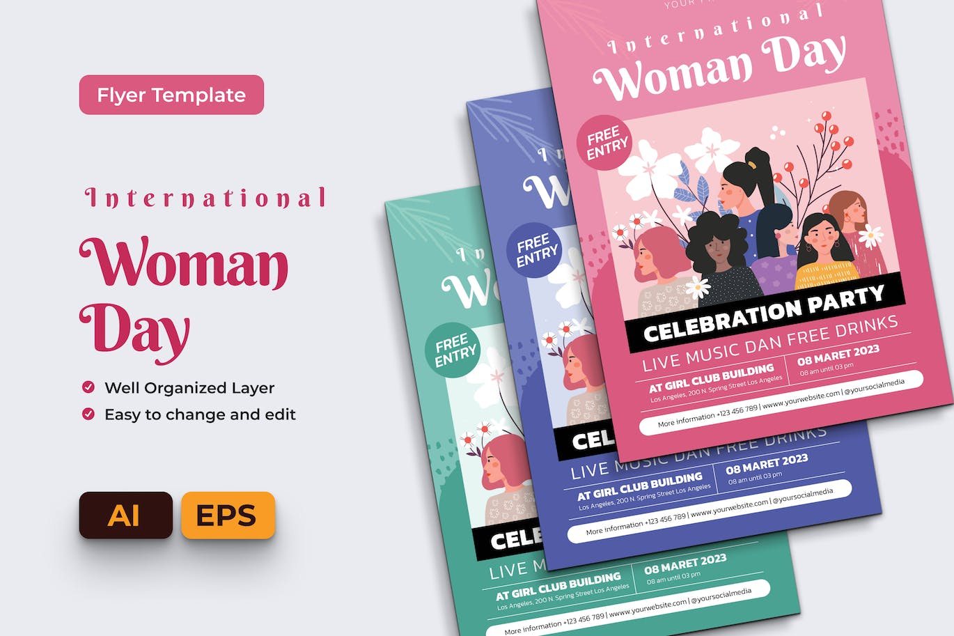 国际女性节日海报传单Ai和EPS模板 International Woman Flyer Ai & EPS Template 设计素材 第1张