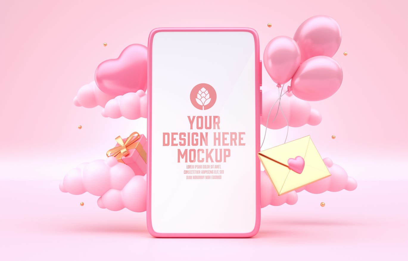 情人节3D装饰手机屏幕样机图psd素材 Set Valentine’s Day Concept with Mobile Mockup APP UI 第7张
