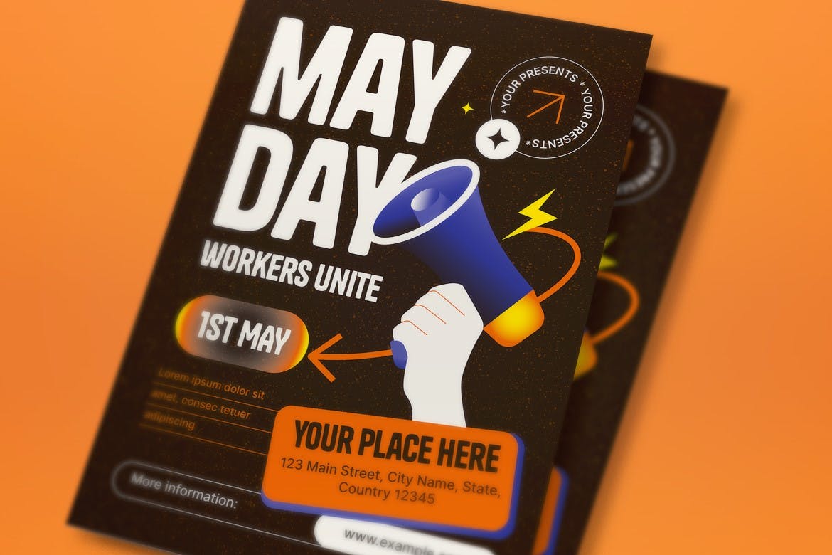 黑色3D劳动节宣传单设计模板 Black 3D May Day Flyer Set 设计素材 第2张