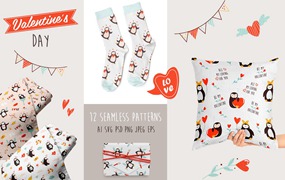 情人节主题无缝企鹅图案 Valentine’s Seamless Patterns with Penguins