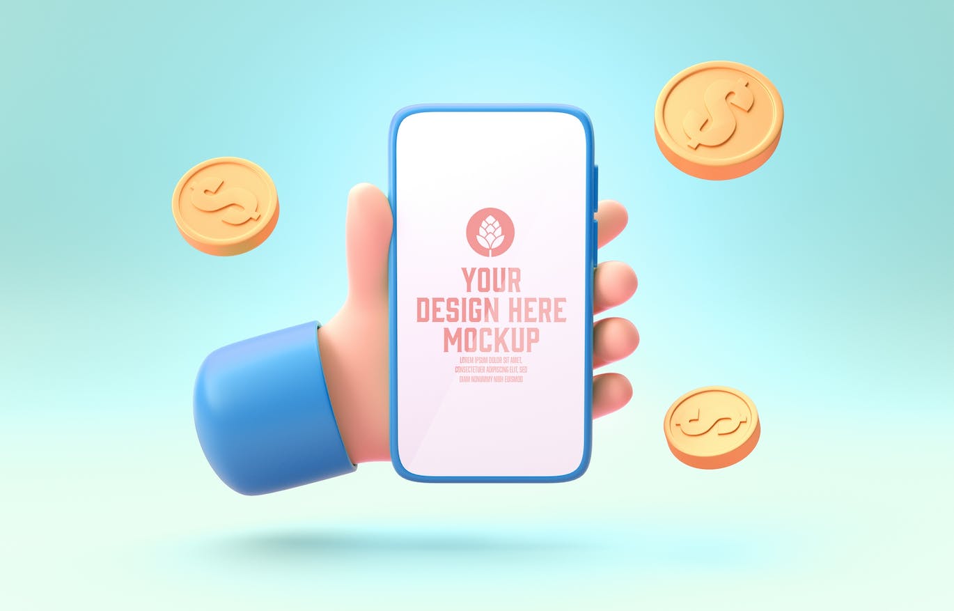 3D钱币概念手机屏幕样机图psd素材 Smartphone With Objects. Money Concept Mockup APP UI 第4张