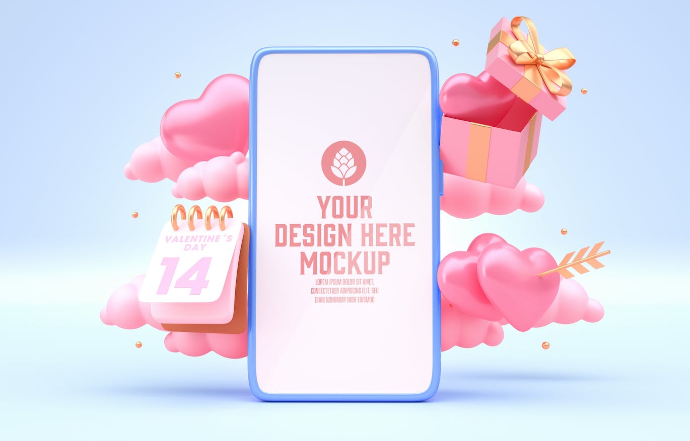 情人节3D装饰手机屏幕样机图psd素材 Set Valentine’s Day Concept with Mobile Mockup APP UI 第2张