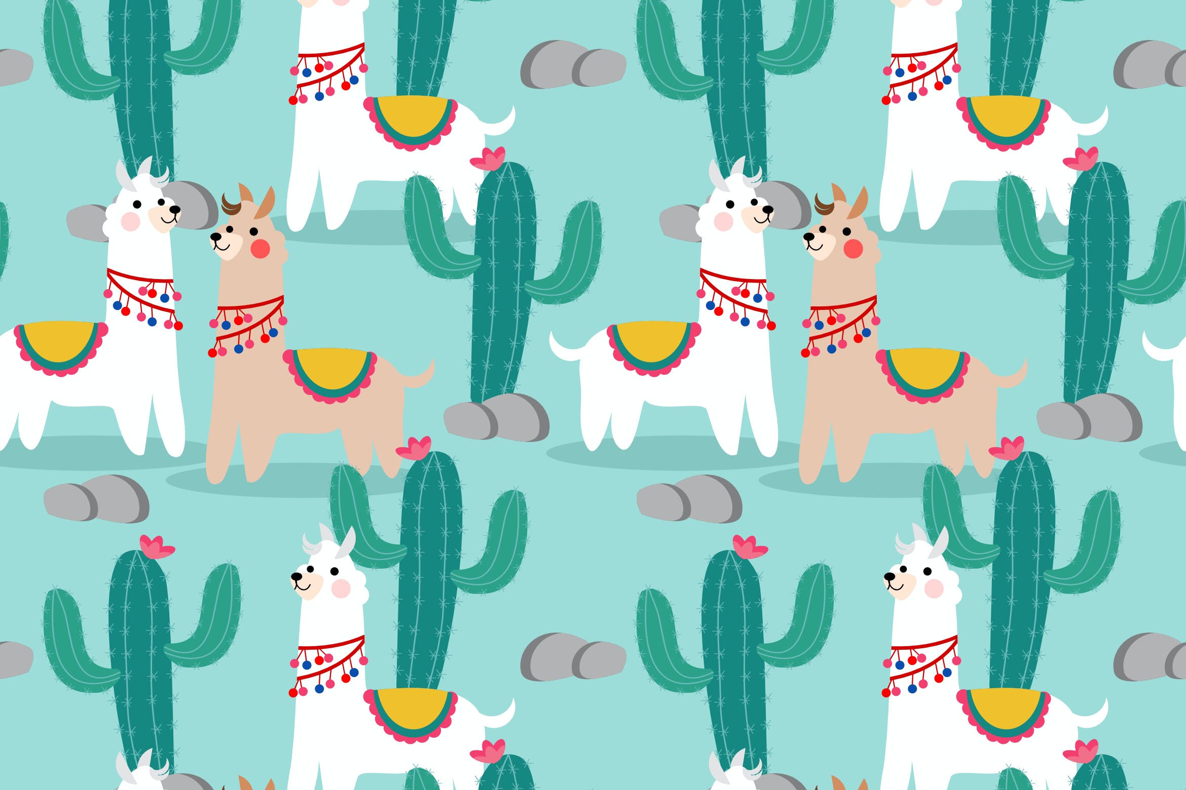 美洲驼和仙人掌无缝图案 Llama and Cactus Seamless Pattern 图片素材 第1张