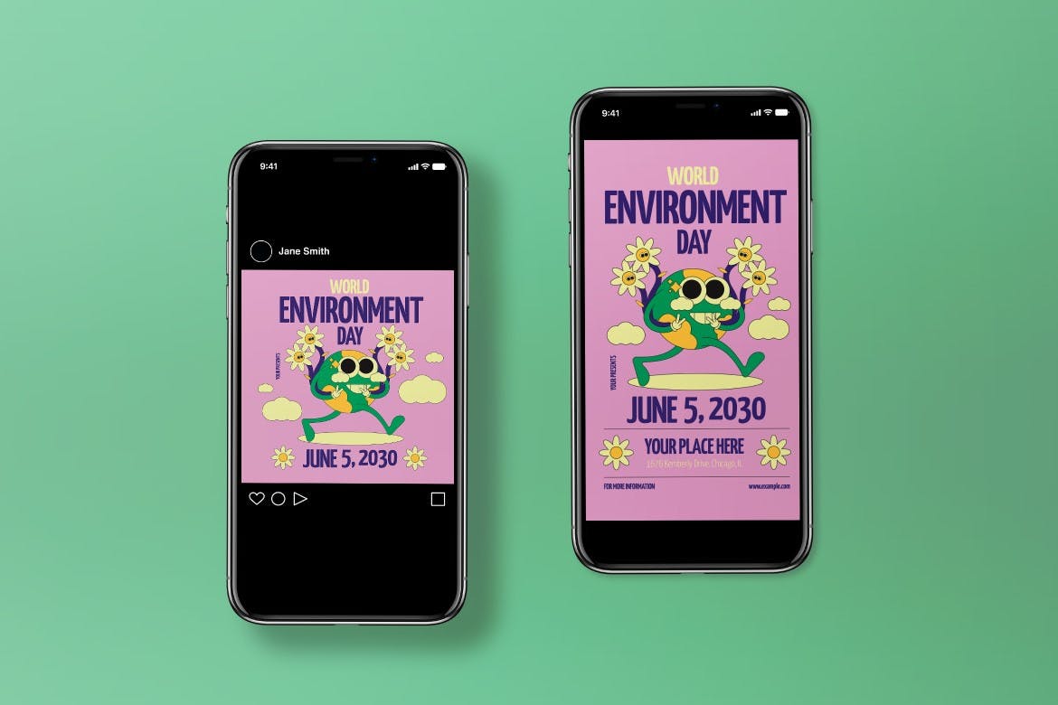 粉红色扁平设计世界环境日海报模板 Pink Flat Design World Environment Day Flyer Set 设计素材 第2张