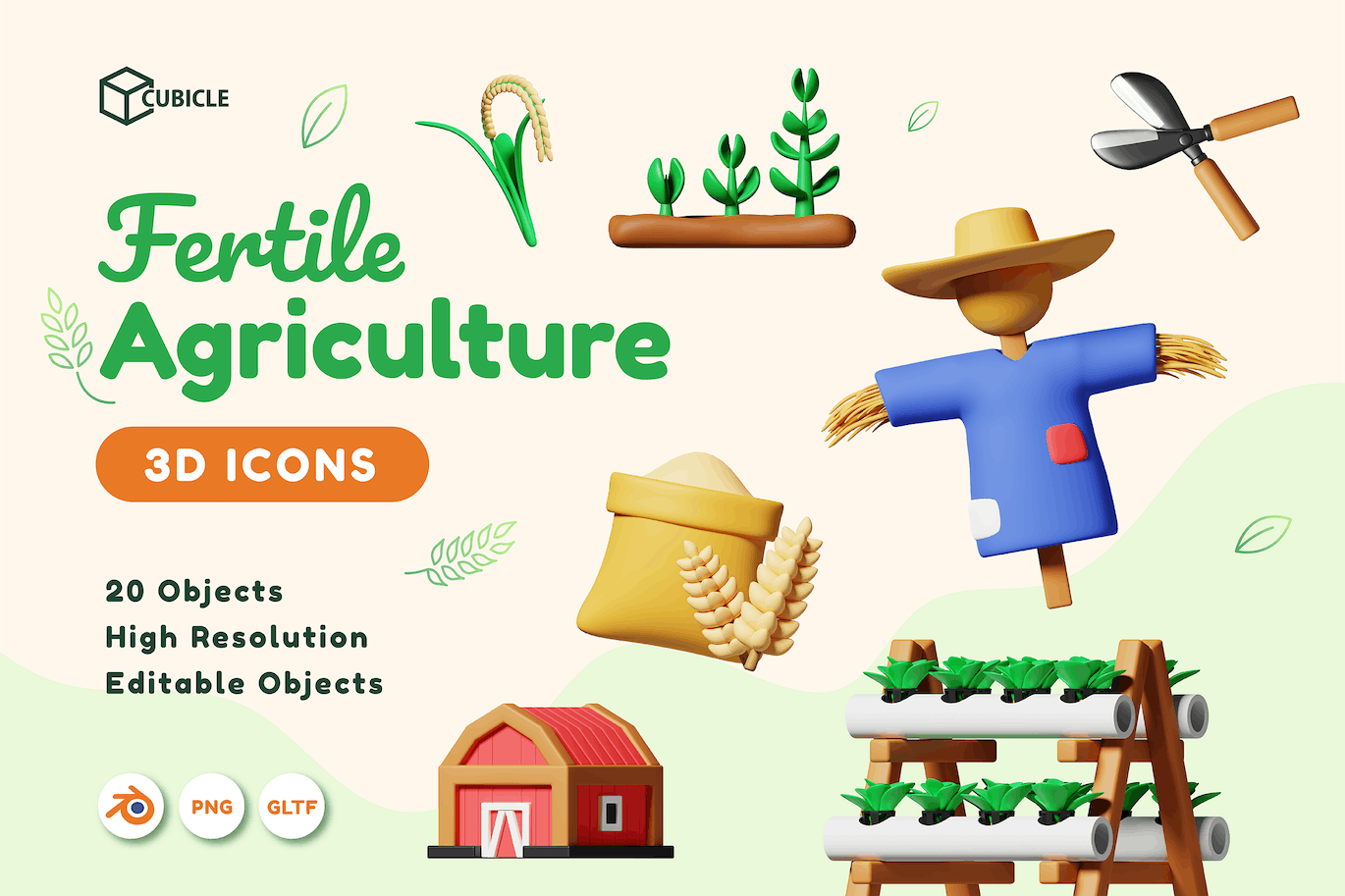 农业农场元素3D图标 Cubicle – Agriculture 3D Icons 图标素材 第1张