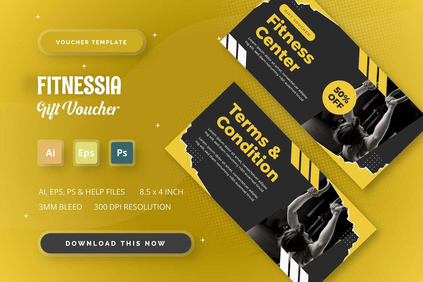 健身套餐礼品券设计模板 Fitnessia – Gift Voucher 设计素材 第1张