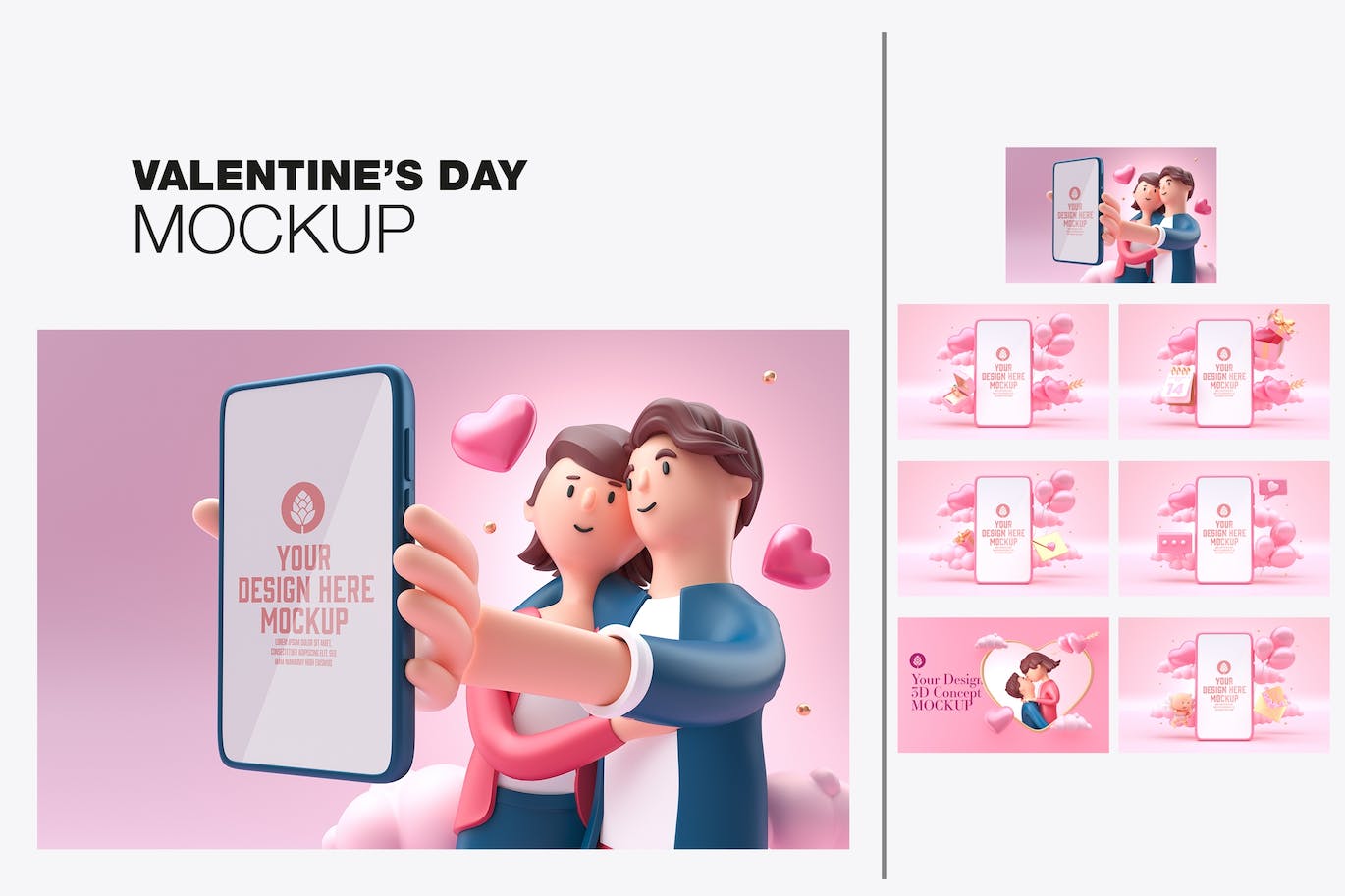 情人节3D装饰手机屏幕样机图psd素材 Set Valentine’s Day Concept with Mobile Mockup APP UI 第1张