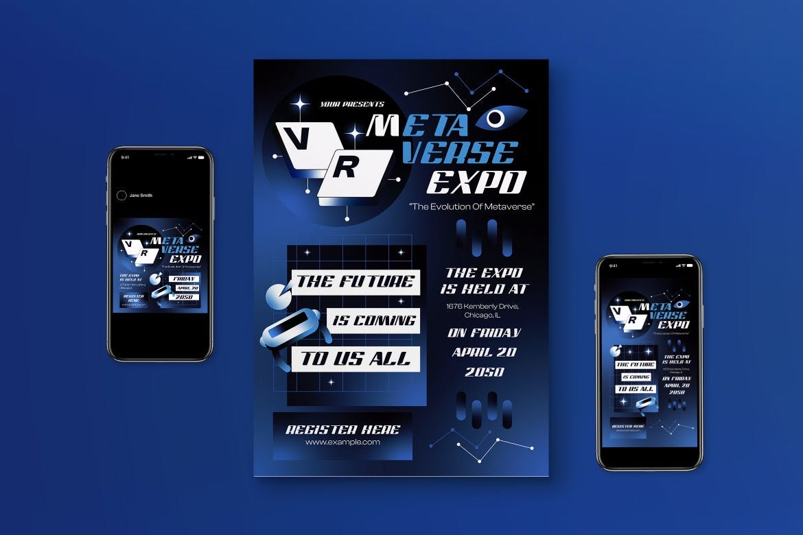 蓝色渐变未来主义元宇宙博览会海报模板下载 Blue Gradient Futuristic Metaverse Expo Flyer Set 设计素材 第1张