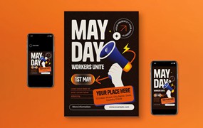 黑色3D劳动节宣传单设计模板 Black 3D May Day Flyer Set