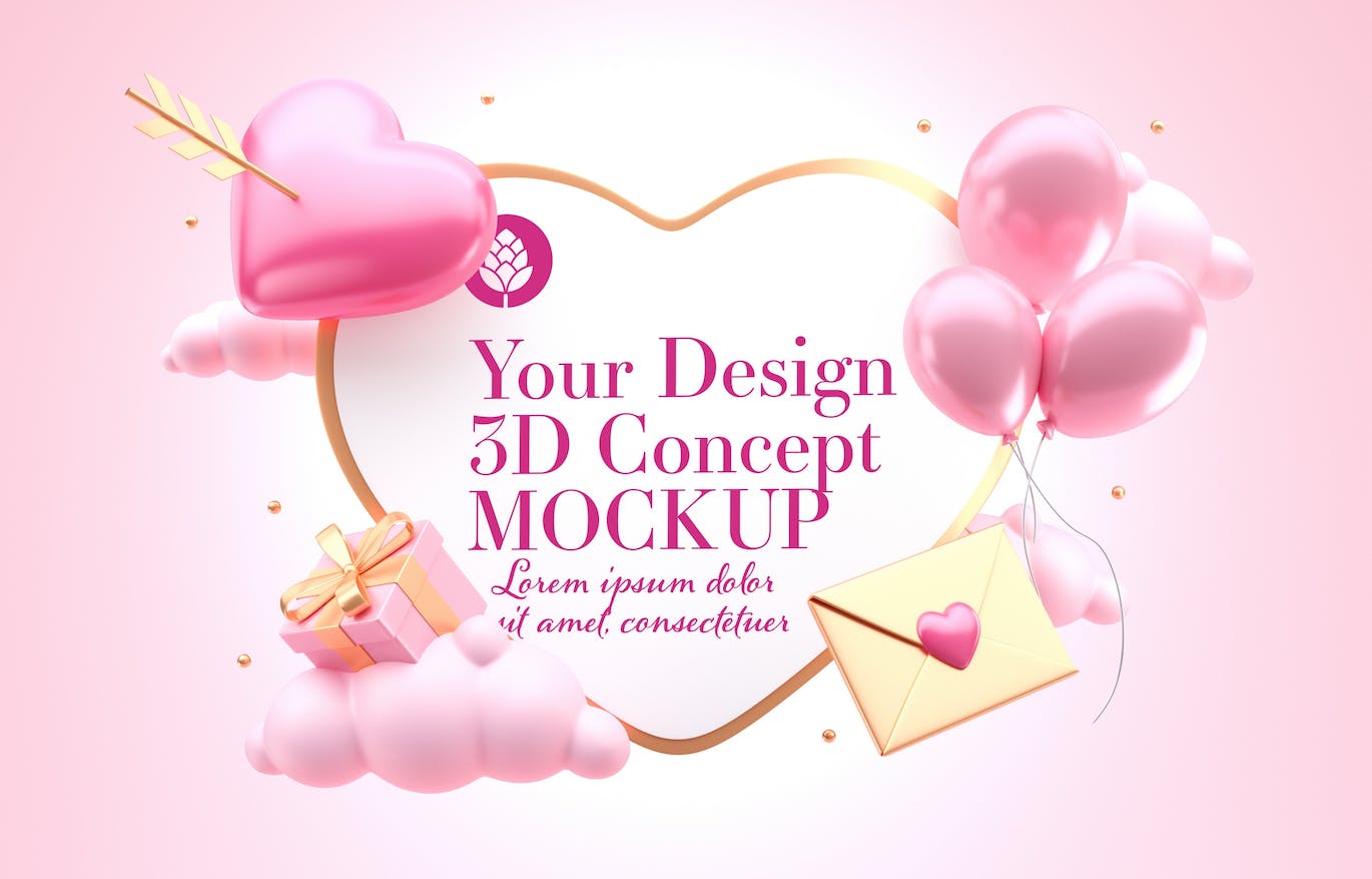 爱心情人节3D概念样机图psd素材 Set Valentine’s Day Concept Mockup 样机素材 第13张