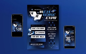 蓝色渐变未来主义元宇宙博览会海报模板下载 Blue Gradient Futuristic Metaverse Expo Flyer Set