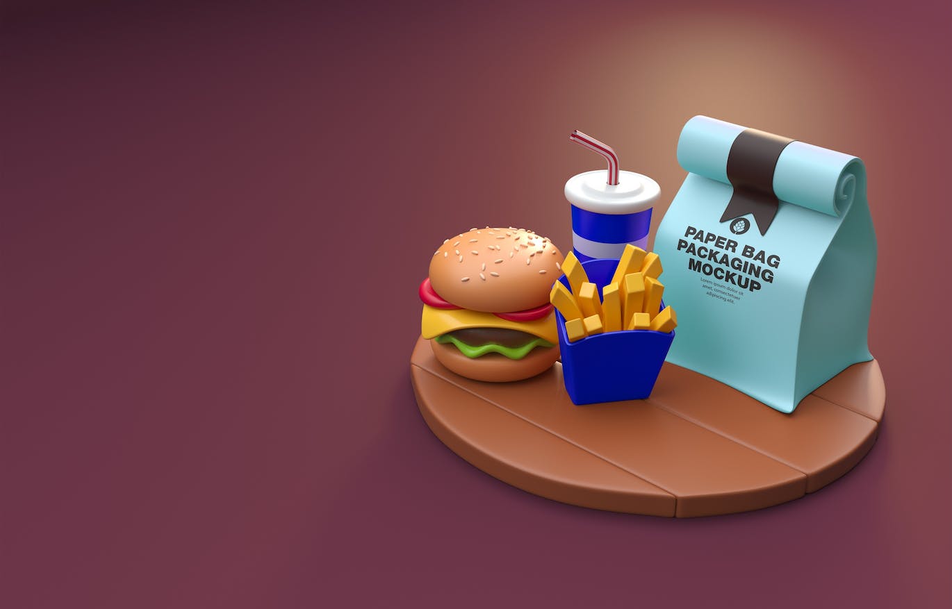 卡通快餐食品外卖包装样机图psd素材 Set Cartoon Fast Food Mockup 样机素材 第4张
