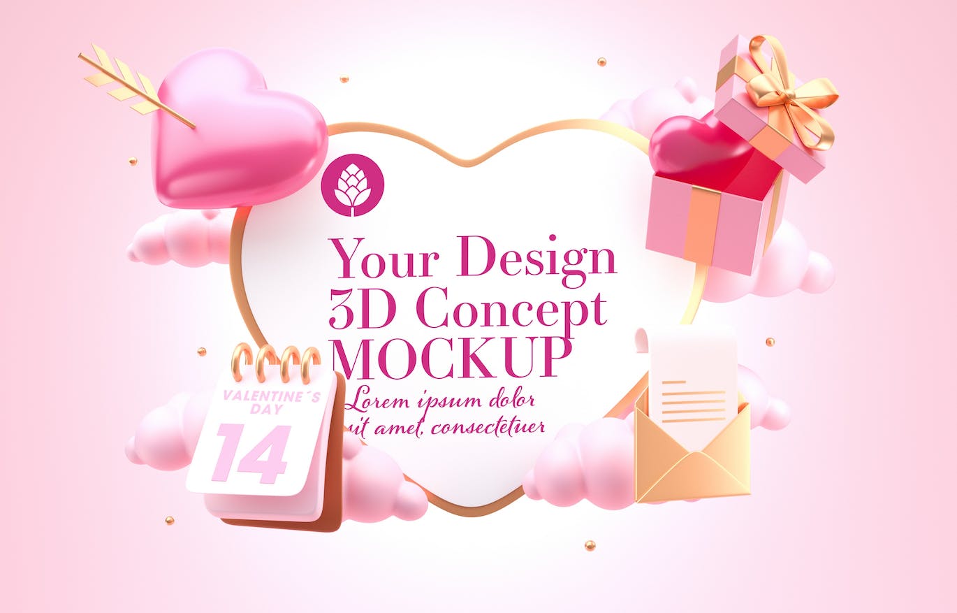 爱心情人节3D概念样机图psd素材 Set Valentine’s Day Concept Mockup 样机素材 第3张
