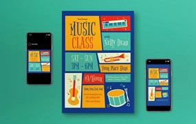 蓝色音乐课传单模板下载 Blue Music Class Flyer Set