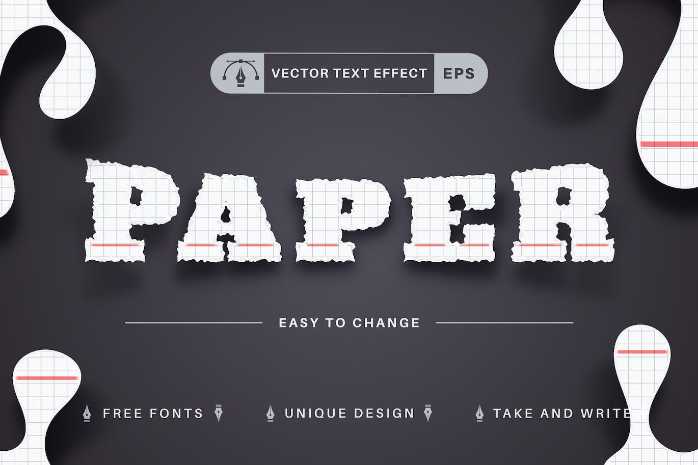撕裂纸张矢量文字效果字体样式 Torn Paper – Editable Text Effect, Font Style APP UI 第1张