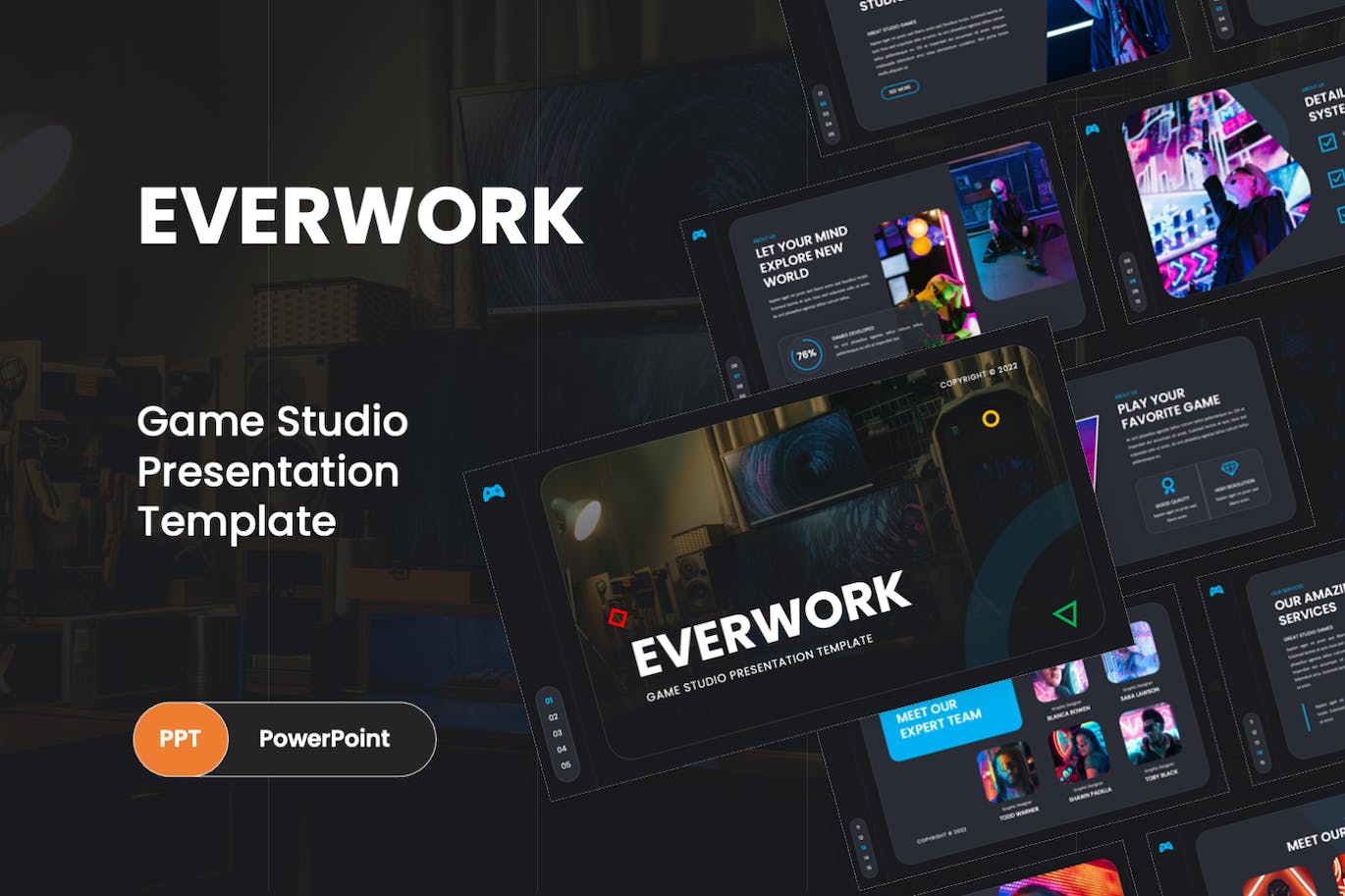 游戏工作室Powerpoint模板下载 Everwork – Gaming Studio PowerPoint Template 幻灯图表 第1张