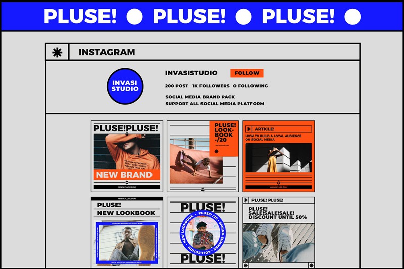 PLUSE! 大胆新潮现代抽象简约时髦错版文字社交媒体PSD模板 图片素材 第15张