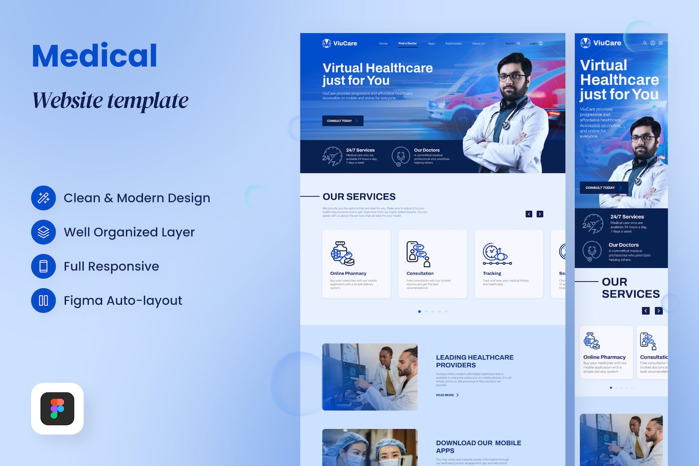 医疗网站着陆页设计模板 ViuCare – Medical Landing Page Template APP UI 第1张