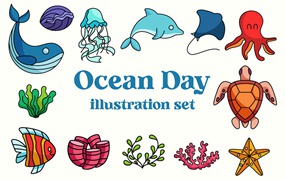 海洋动植物元素矢量插画集 underwater, fish, marine, celebration, event