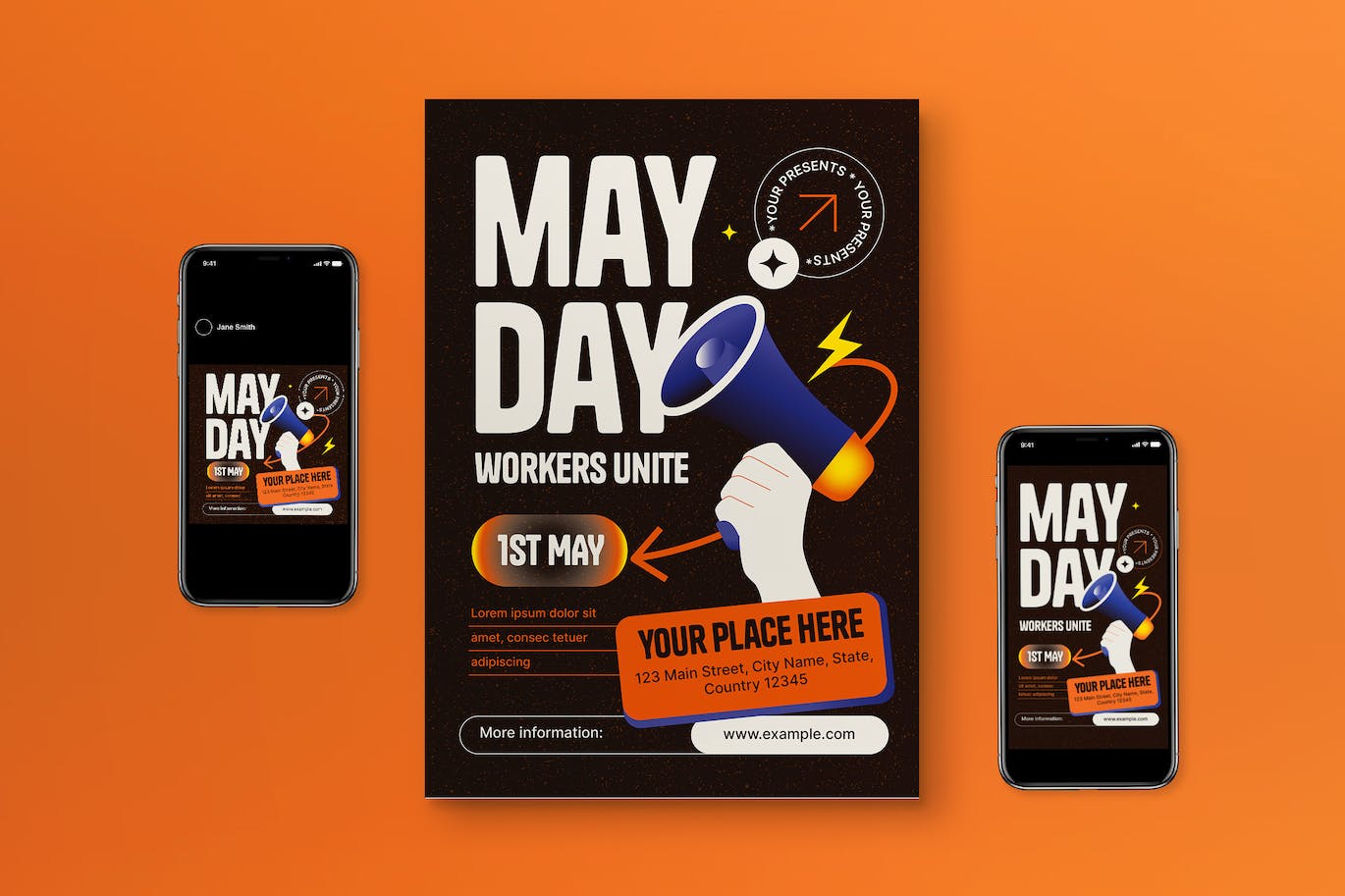 黑色3D劳动节宣传单设计模板 Black 3D May Day Flyer Set 设计素材 第1张