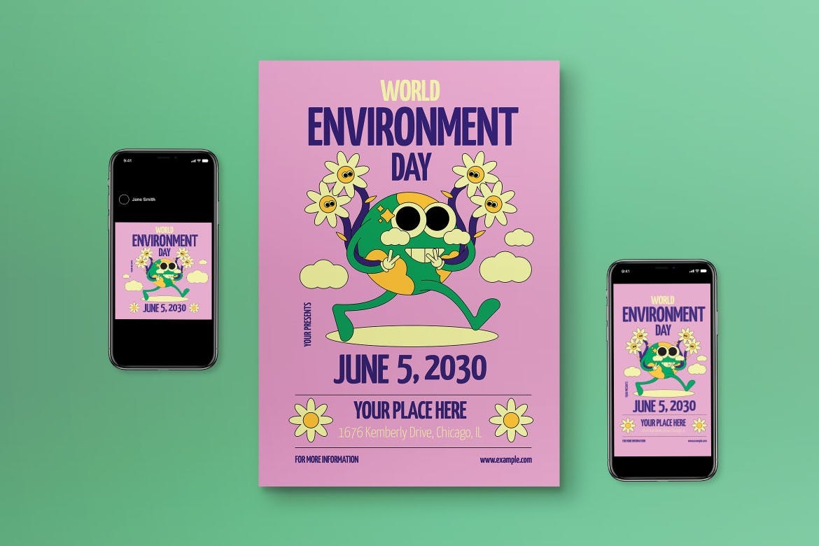 粉红色扁平设计世界环境日海报模板 Pink Flat Design World Environment Day Flyer Set 设计素材 第1张