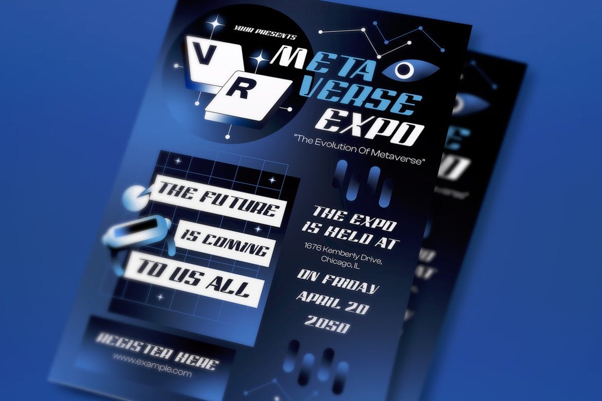 蓝色渐变未来主义元宇宙博览会海报模板下载 Blue Gradient Futuristic Metaverse Expo Flyer Set 设计素材 第3张
