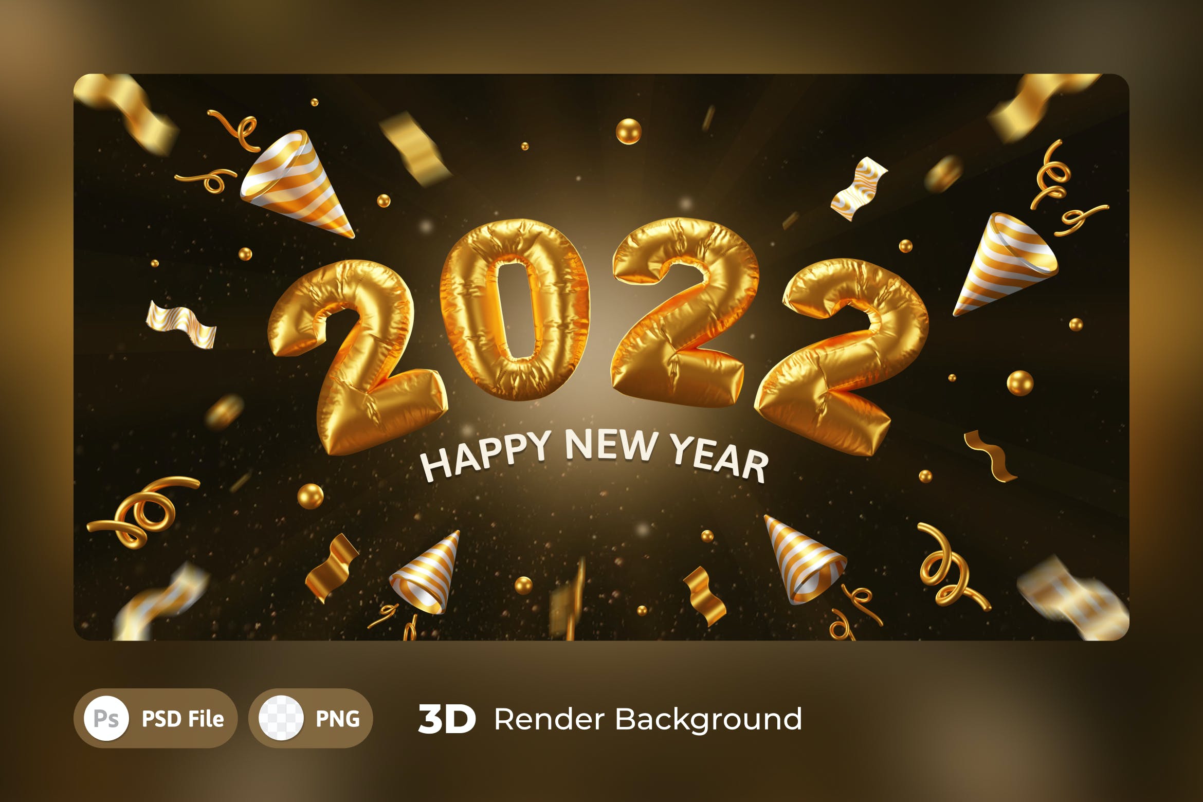 金箔气球新年快乐3D背景模板 3d Background Template Happy New Year 2022 图片素材 第1张