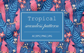 热带&鸟类无缝图案素材 Seamless Tropical Pattern with Birds