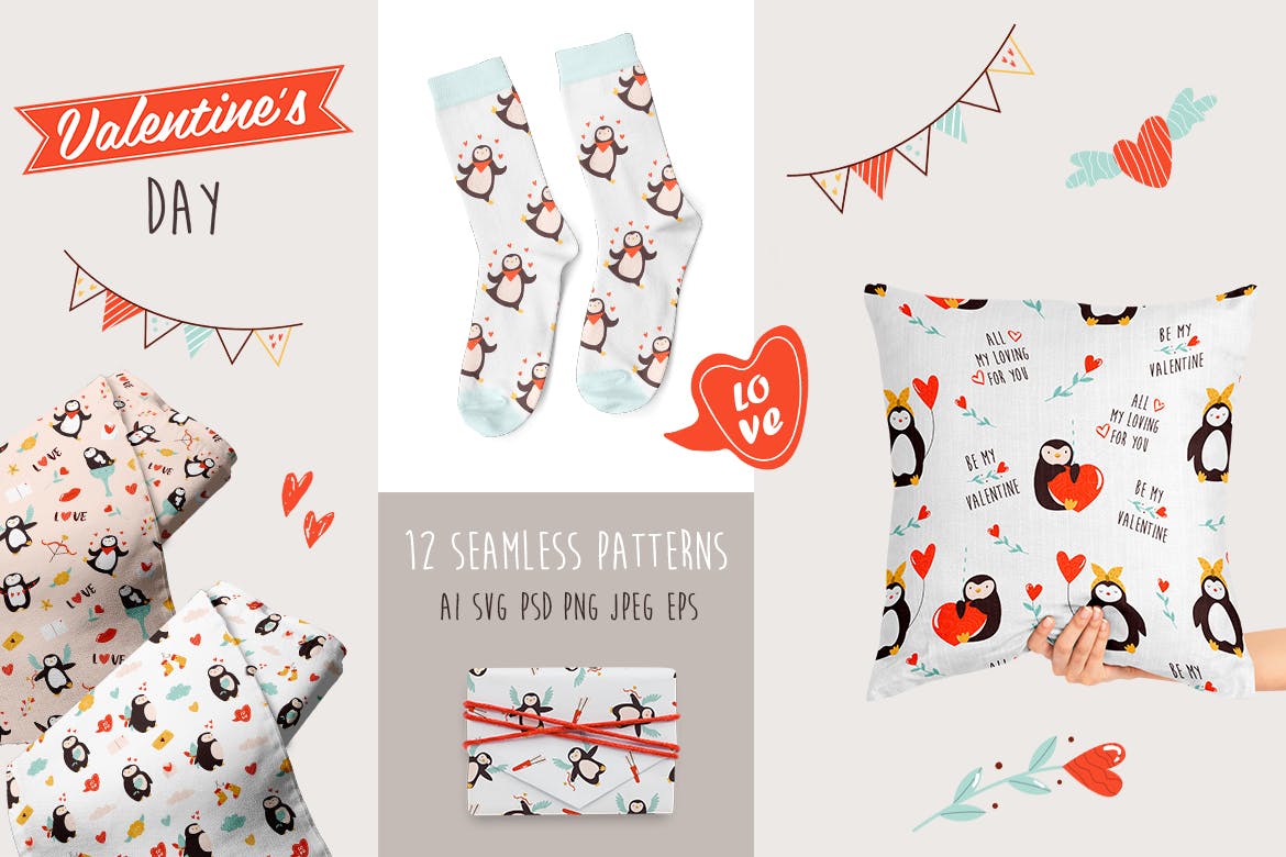 情人节主题无缝企鹅图案 Valentine’s Seamless Patterns with Penguins 图片素材 第1张