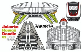 雅加达涂鸦艺术风格矢量插画 Jakarta Kawaii Doodle Vector Illustration #02