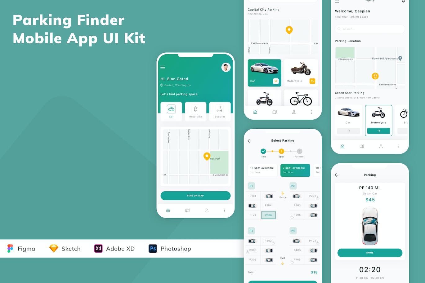 停车位搜索移动应用UI设计套件 Parking Finder Mobile App UI Kit APP UI 第1张